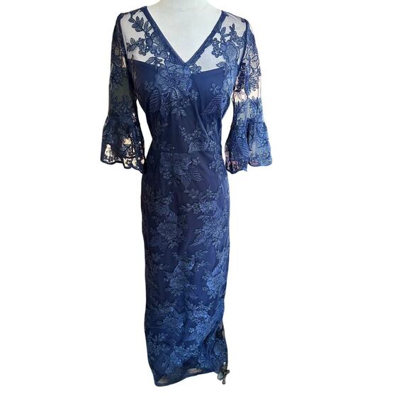 Adrianna Papell Women's Navy Long Sequin Embroidered Column Gown Size 10 - Picture 4 of 9